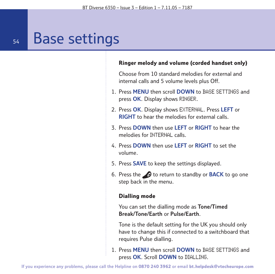 Base settings | BT Diverse 6350 User Manual | Page 54 / 96