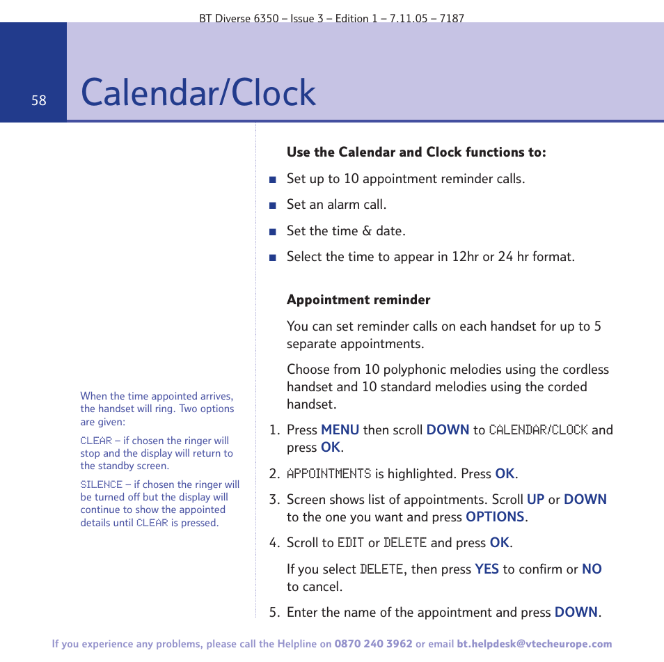 Calendar/clock | BT Diverse 6350 User Manual | Page 58 / 96