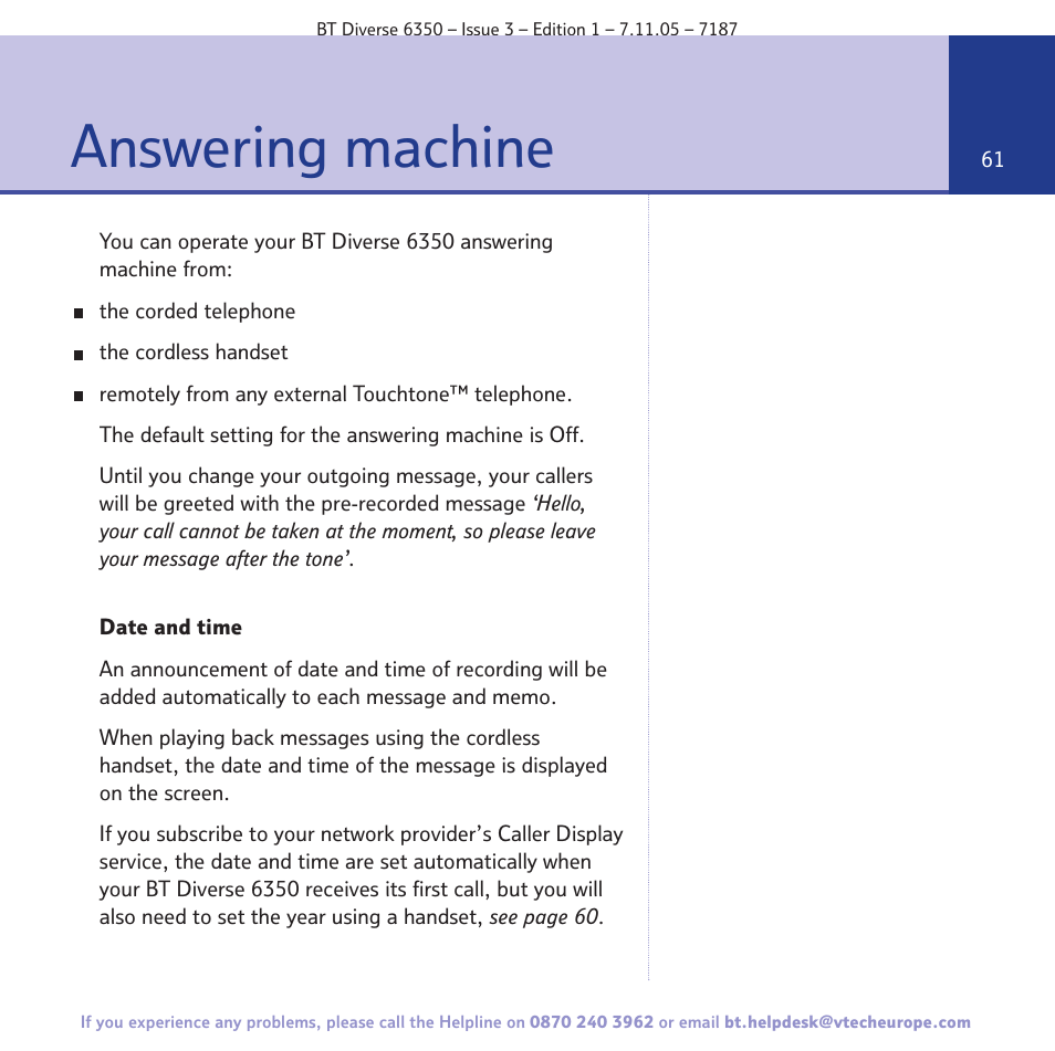 Answering machine | BT Diverse 6350 User Manual | Page 61 / 96