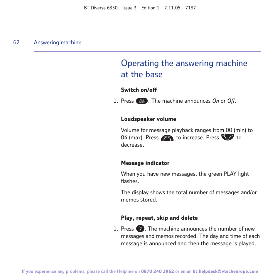 Operating the answering machine at the base | BT Diverse 6350 User Manual | Page 62 / 96