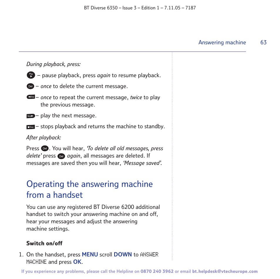 Operating the answering machine from a handset | BT Diverse 6350 User Manual | Page 63 / 96