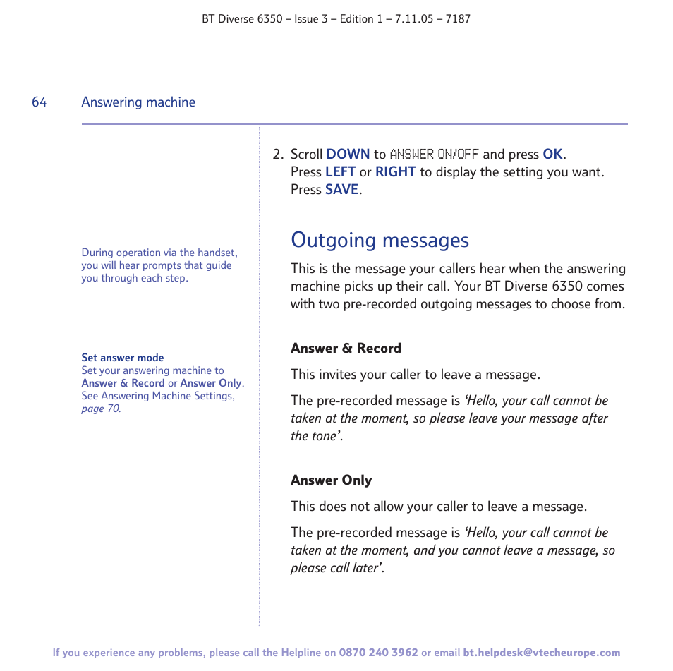 Outgoing messages | BT Diverse 6350 User Manual | Page 64 / 96