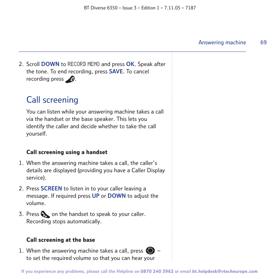 Call screening | BT Diverse 6350 User Manual | Page 69 / 96