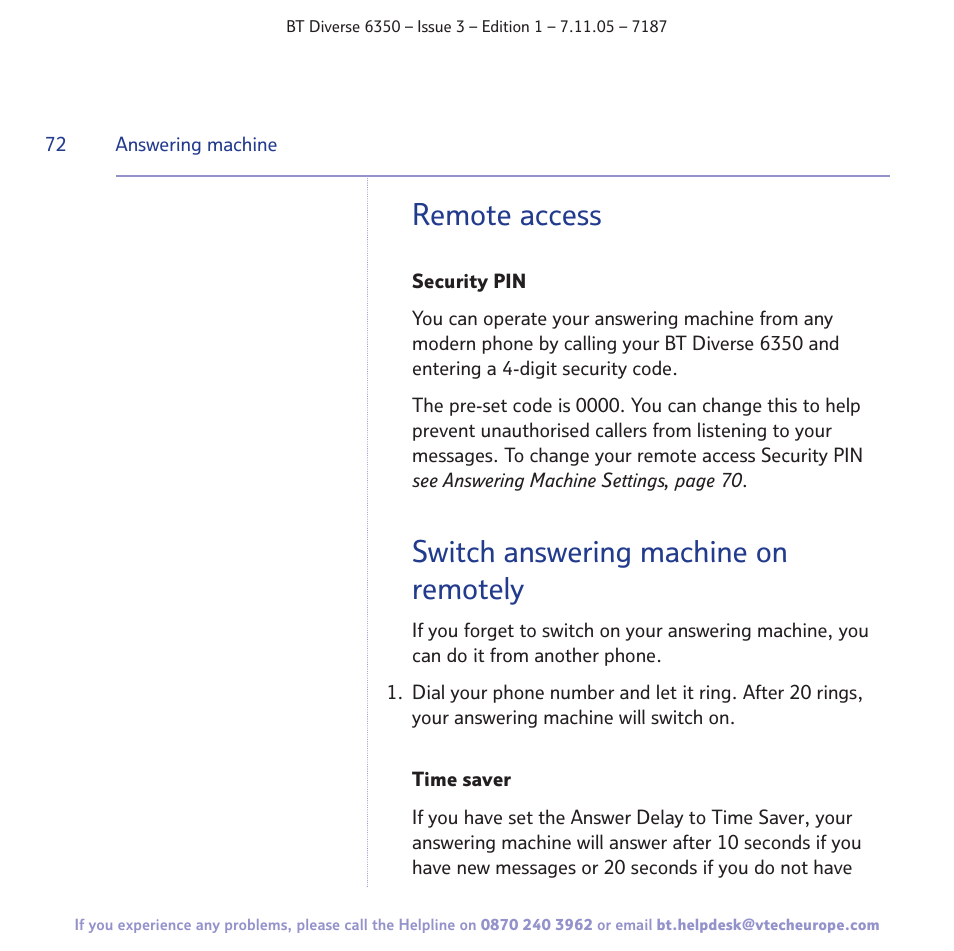 Remote access, Switch answering machine on remotely | BT Diverse 6350 User Manual | Page 72 / 96