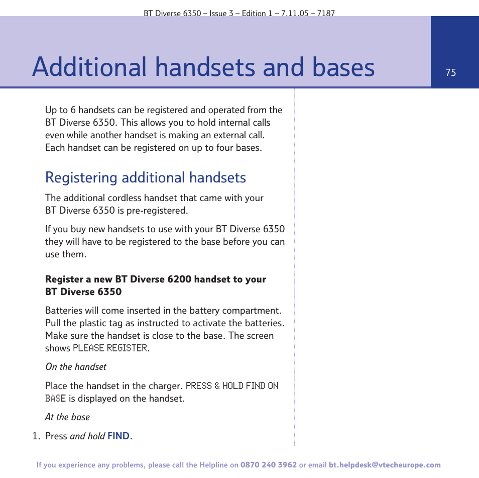 Additional handsets and bases, Registering additional handsets | BT Diverse 6350 User Manual | Page 75 / 96