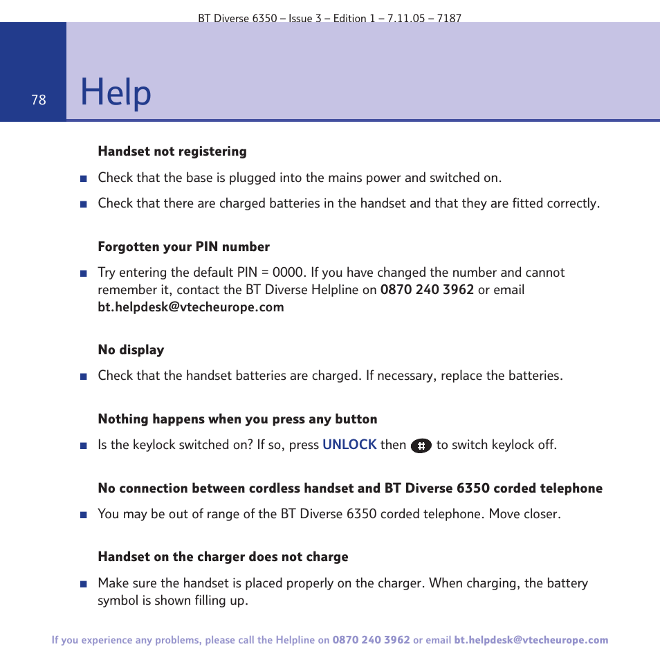 Help | BT Diverse 6350 User Manual | Page 78 / 96