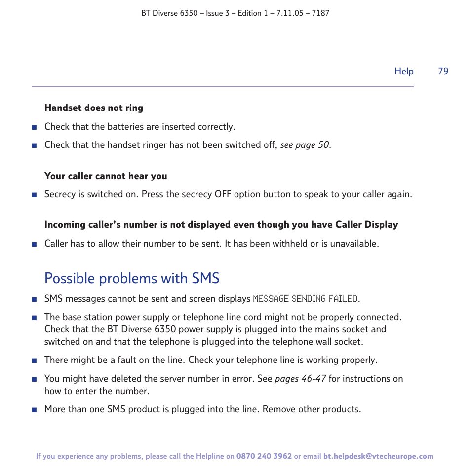 Possible problems with sms | BT Diverse 6350 User Manual | Page 79 / 96