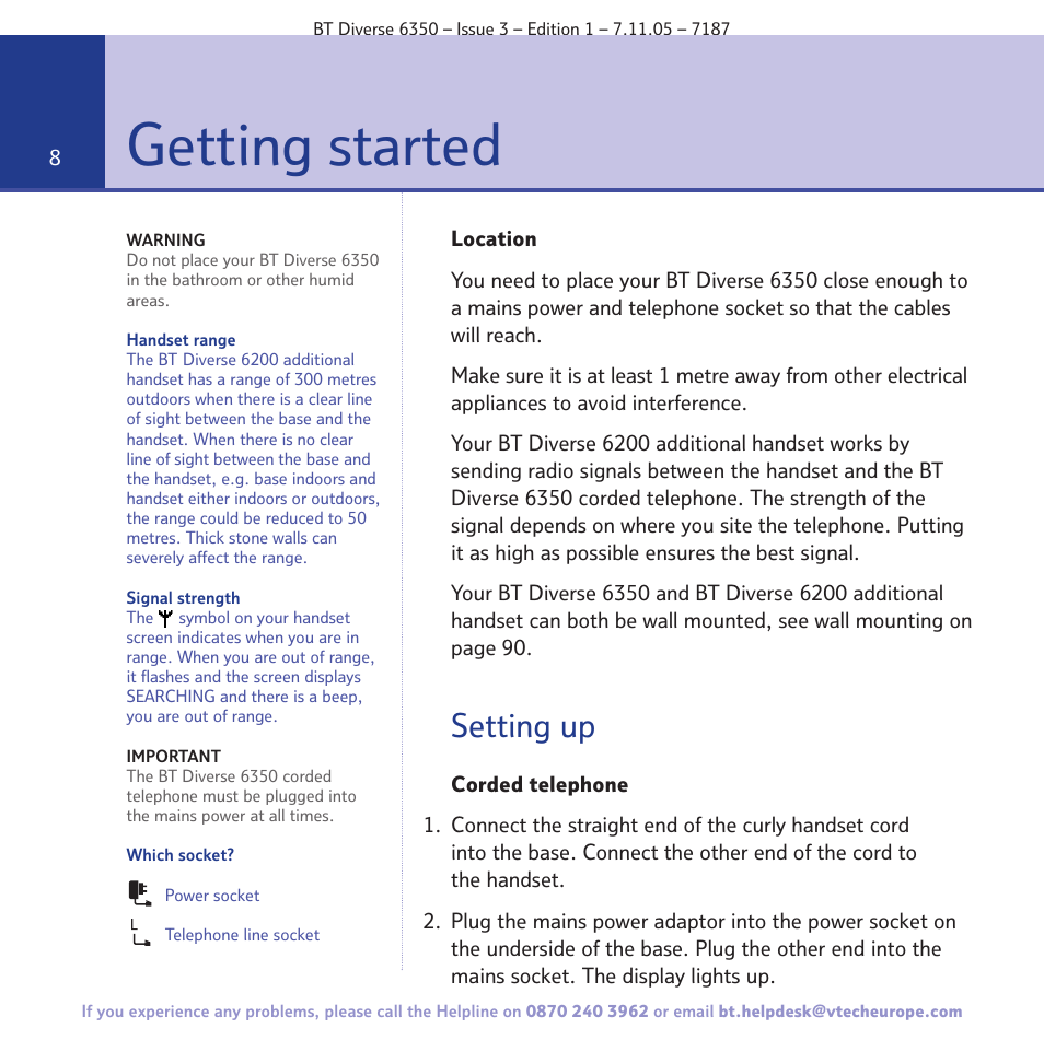 Getting started, Setting up | BT Diverse 6350 User Manual | Page 8 / 96