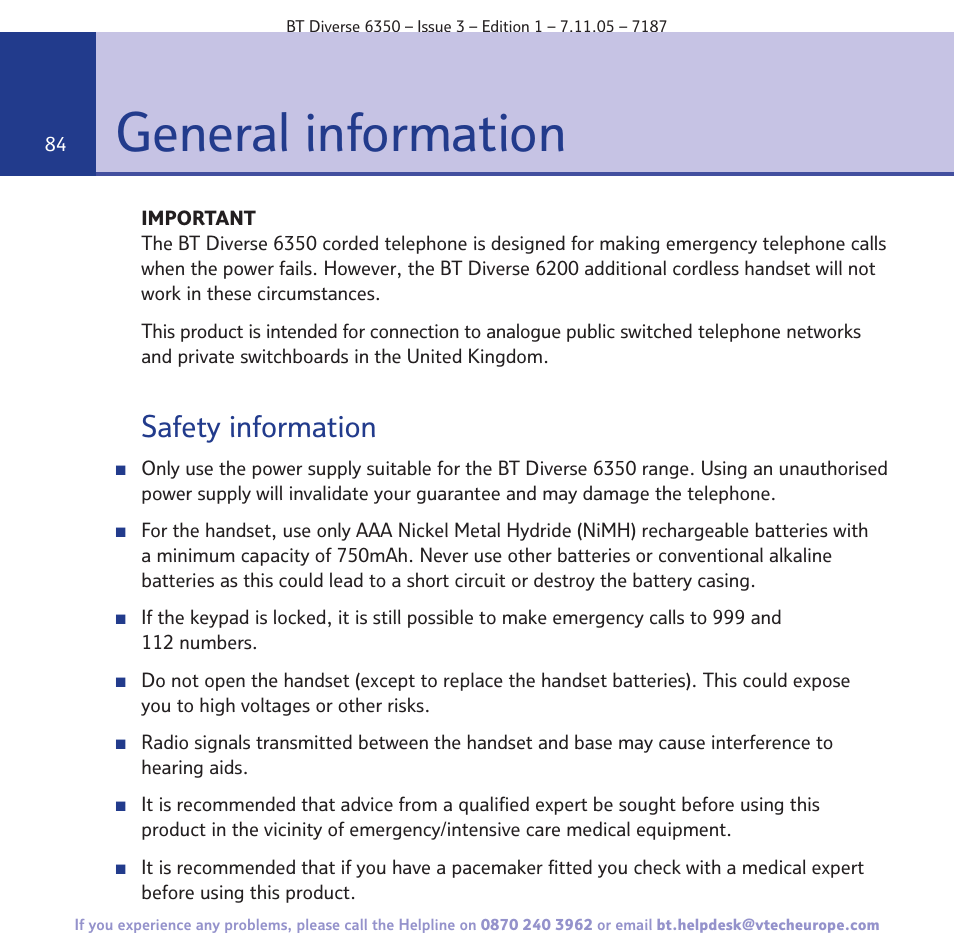 General information, Safety information | BT Diverse 6350 User Manual | Page 84 / 96