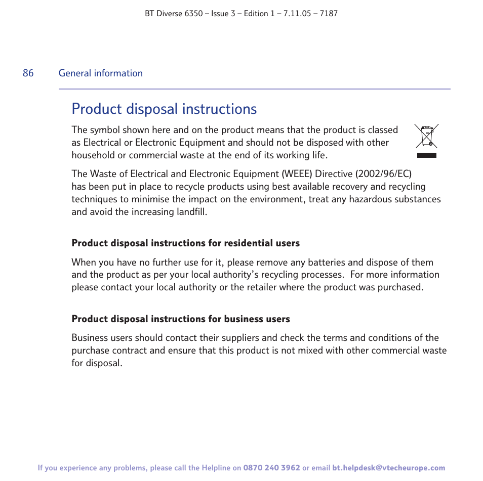 Product disposal instructions | BT Diverse 6350 User Manual | Page 86 / 96