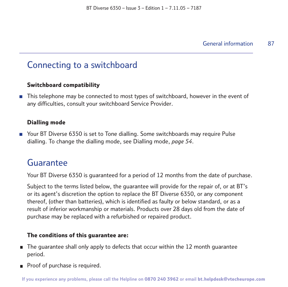 Connecting to a switchboard, Guarantee | BT Diverse 6350 User Manual | Page 87 / 96