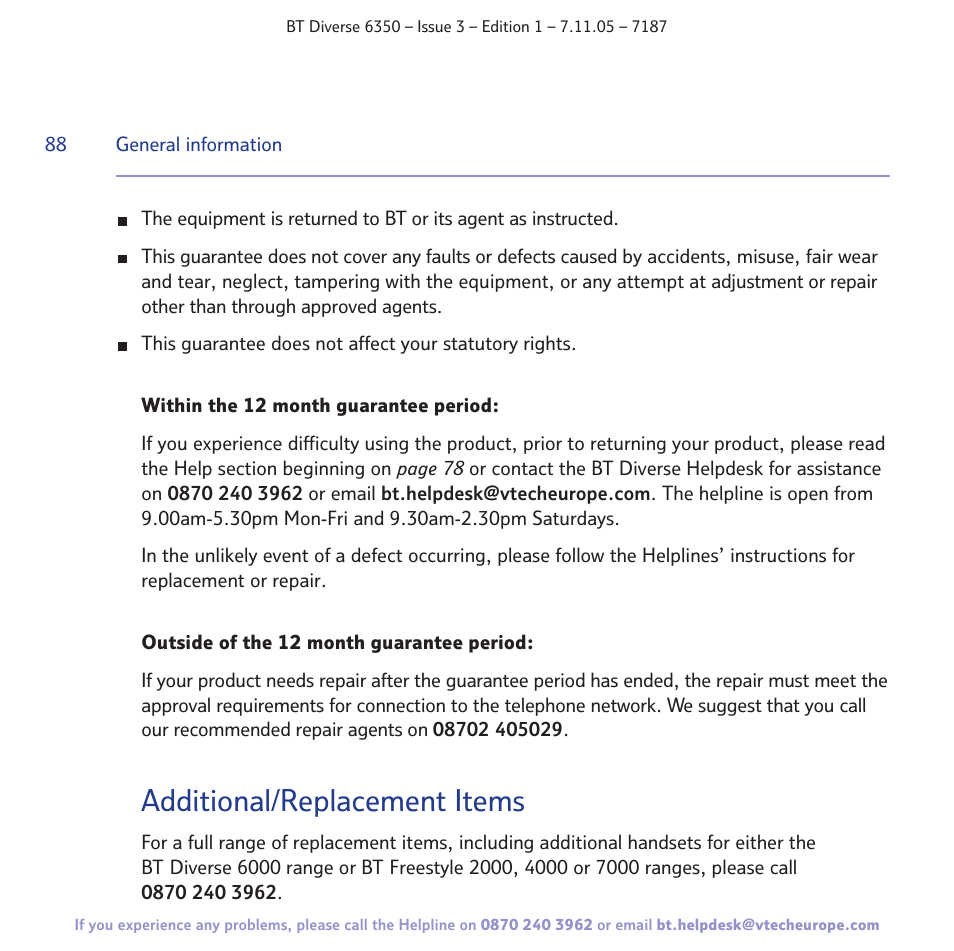 Additional/replacement items | BT Diverse 6350 User Manual | Page 88 / 96