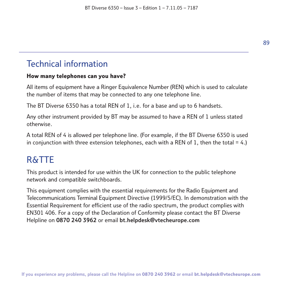 Technical information, R&tte | BT Diverse 6350 User Manual | Page 89 / 96
