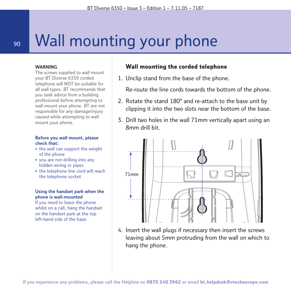 Wall mounting your phone | BT Diverse 6350 User Manual | Page 90 / 96