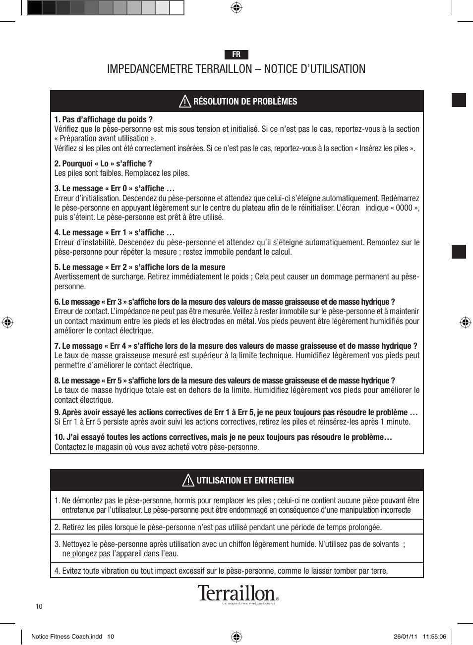 Impedancemetre terraillon – notice d’utilisation | Terraillon Fitness Coach Style User Manual | Page 10 / 64