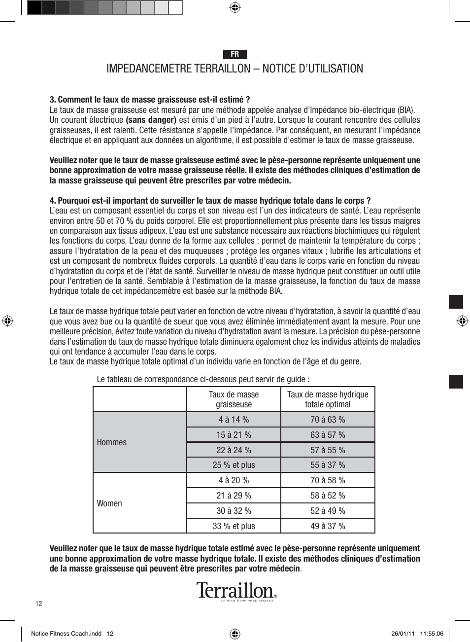 Impedancemetre terraillon – notice d’utilisation | Terraillon Fitness Coach Style User Manual | Page 12 / 64