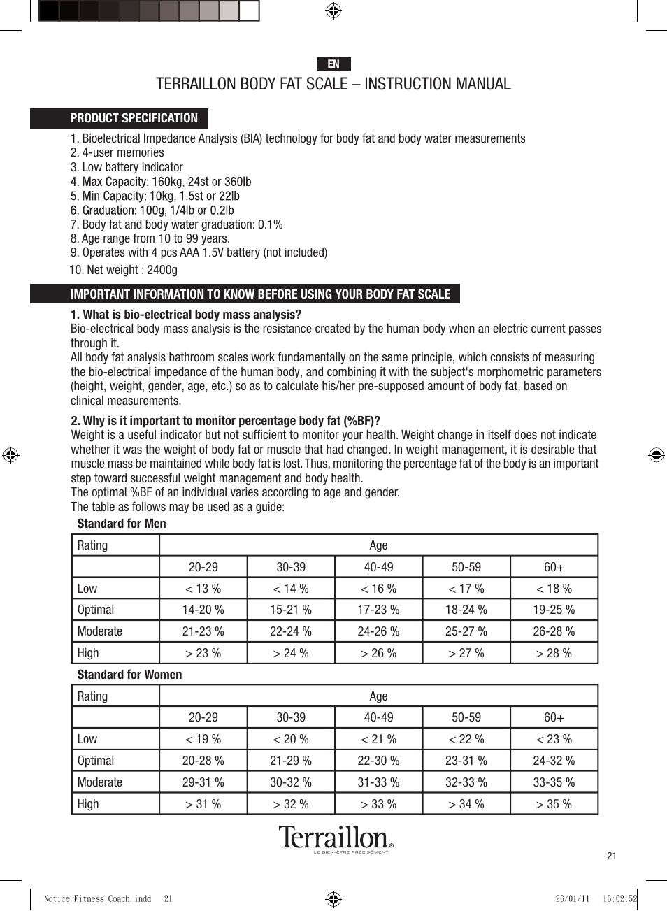 Terraillon body fat scale – instruction manual | Terraillon Fitness Coach Style User Manual | Page 21 / 64