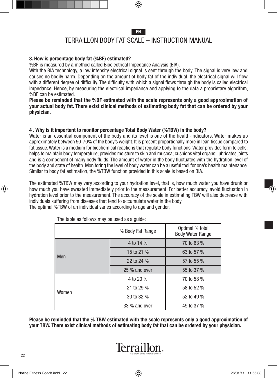 Terraillon body fat scale – instruction manual | Terraillon Fitness Coach Style User Manual | Page 22 / 64