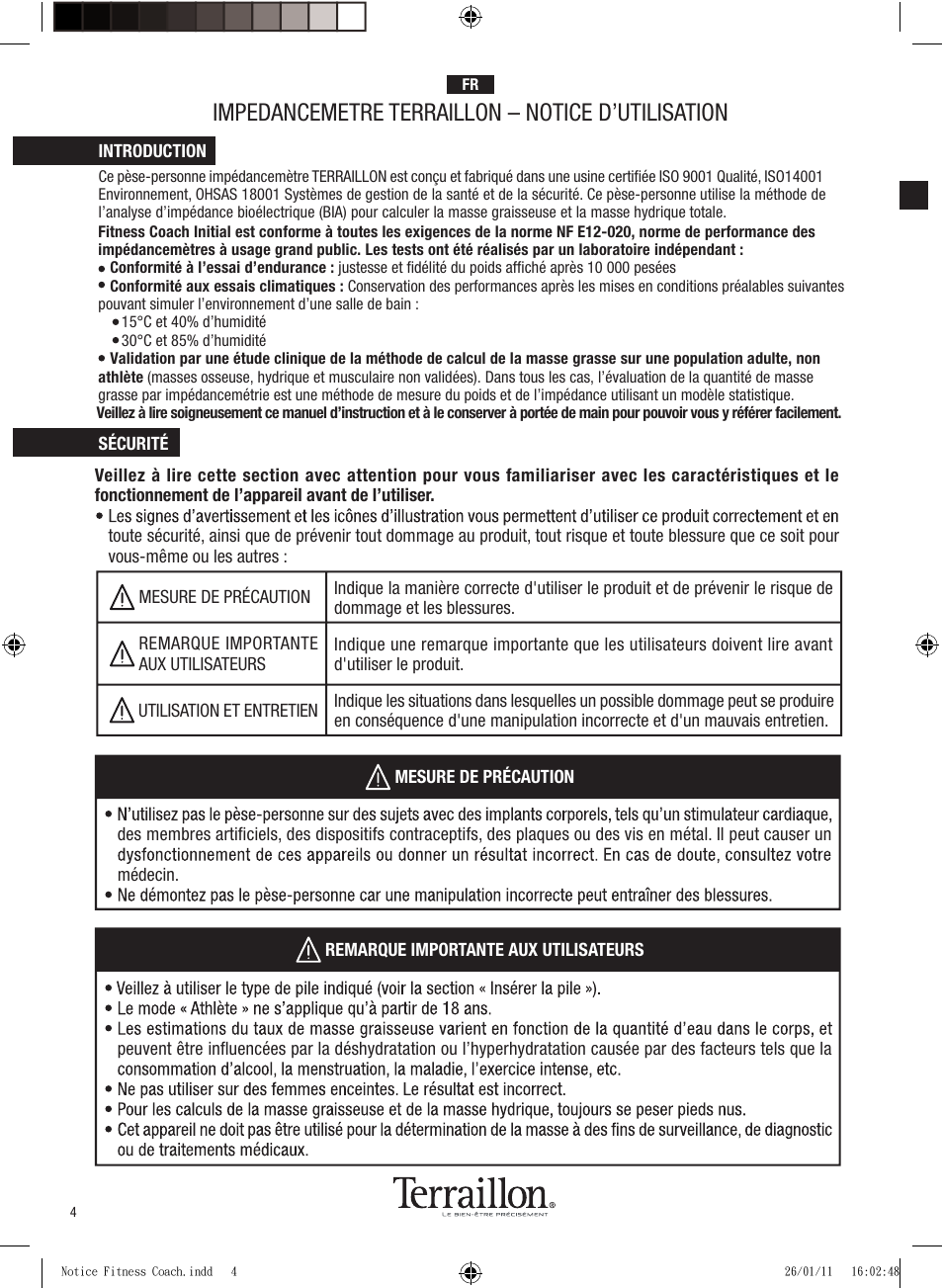 Impedancemetre terraillon – notice d’utilisation | Terraillon Fitness Coach Style User Manual | Page 4 / 64