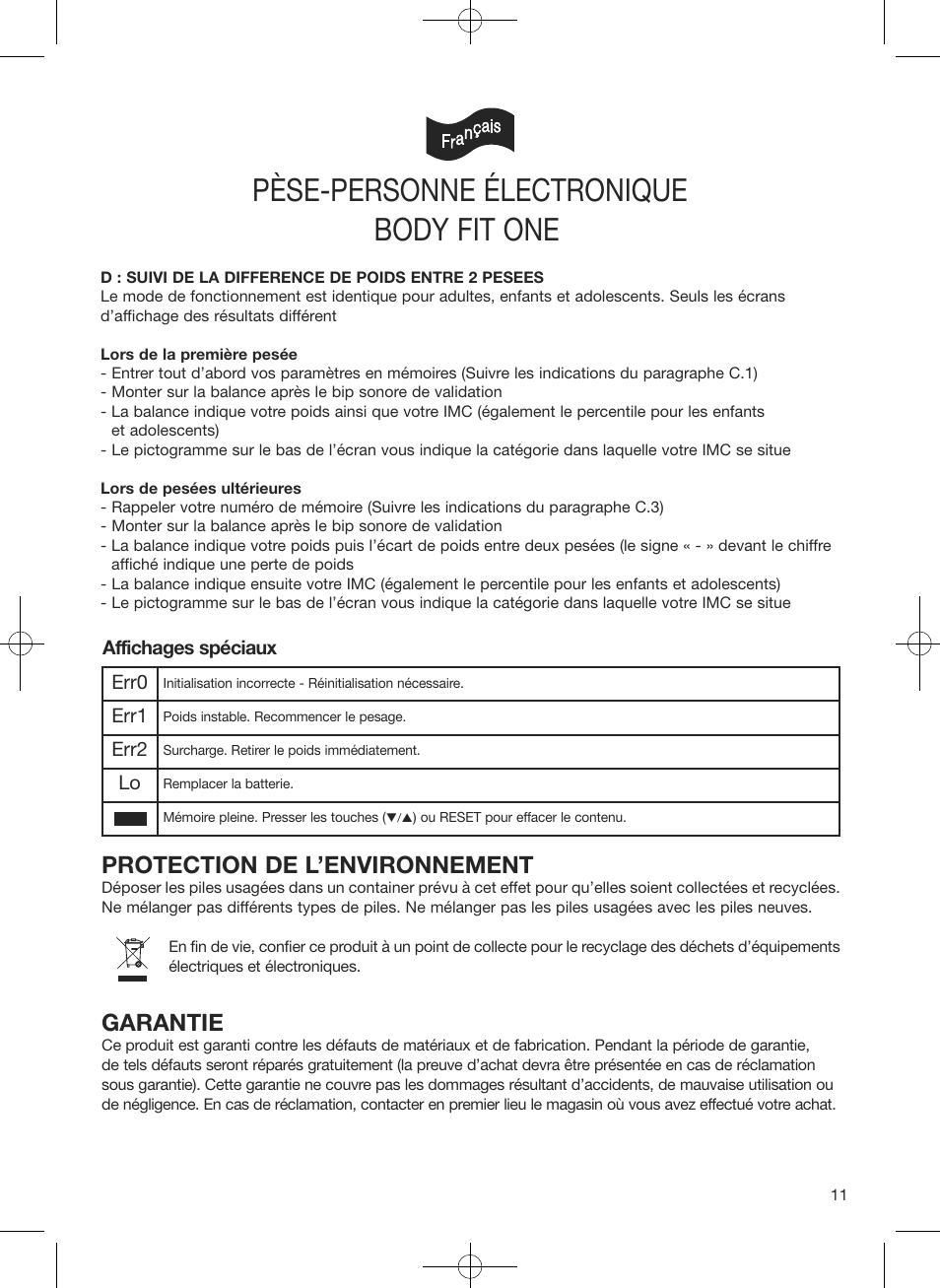 Pèse-personne électronique, Body fit one, Protection de l’environnement | Garantie | Terraillon Body Fit One User Manual | Page 11 / 42