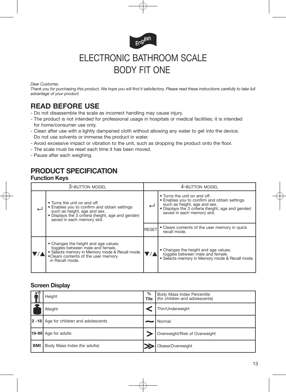 Electronic bathroom scale, Body fit one, Read before use | Product specification, Screen display, Function keys | Terraillon Body Fit One User Manual | Page 13 / 42