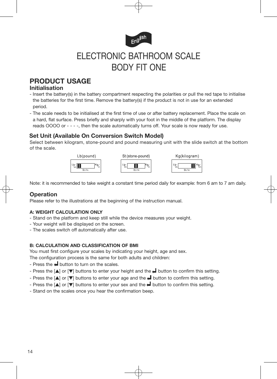 Electronic bathroom scale, Body fit one, Product usage | Terraillon Body Fit One User Manual | Page 14 / 42