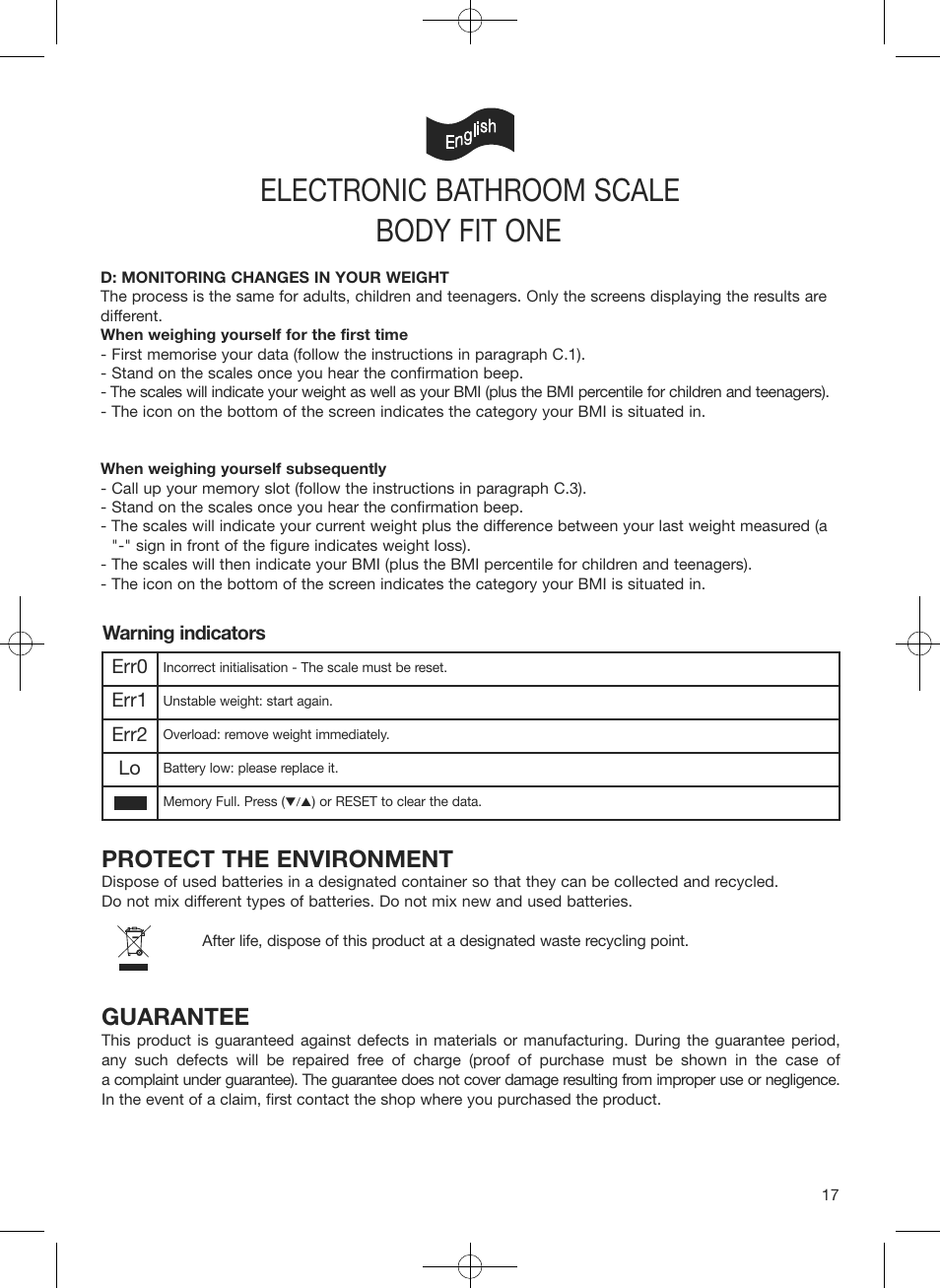 Electronic bathroom scale, Body fit one, Protect the environment | Guarantee | Terraillon Body Fit One User Manual | Page 17 / 42