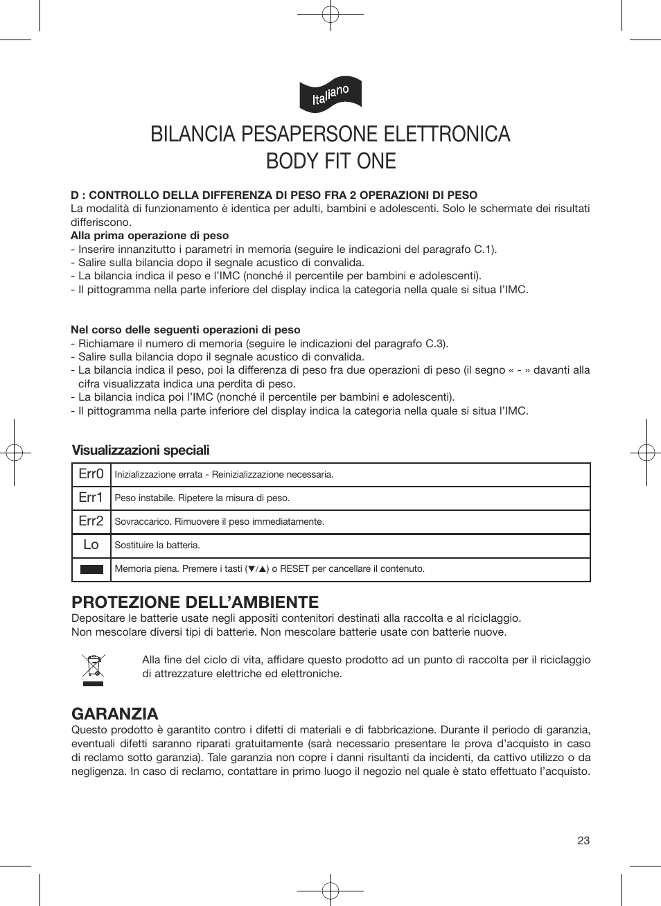 Bilancia pesapersone elettronica, Body fit one, Protezione dell’ambiente | Garanzia | Terraillon Body Fit One User Manual | Page 23 / 42