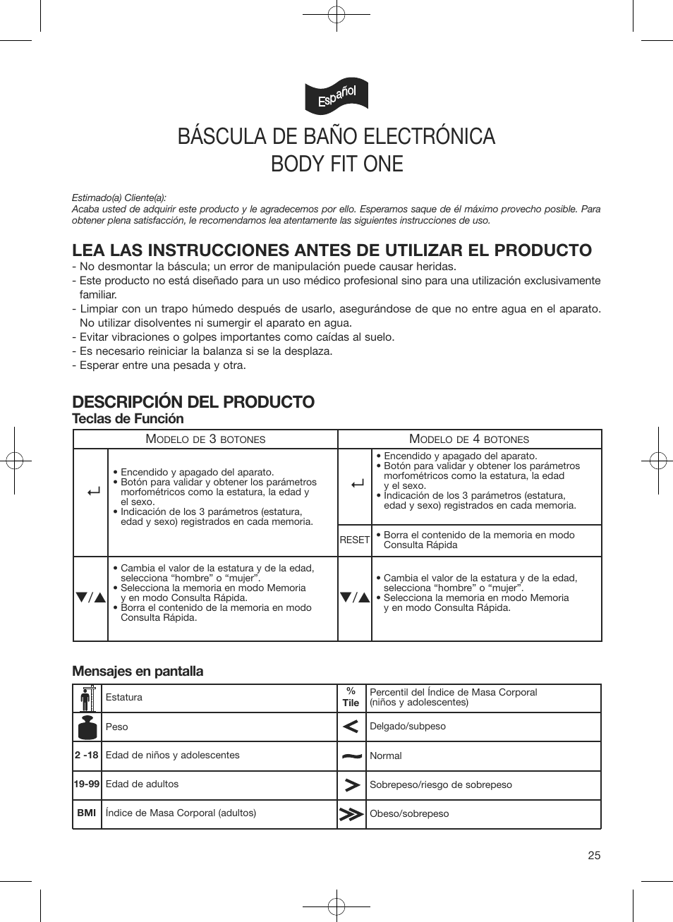 Báscula de baño electrónica, Body fit one, Descripción del producto | Mensajes en pantalla, Teclas de función | Terraillon Body Fit One User Manual | Page 25 / 42