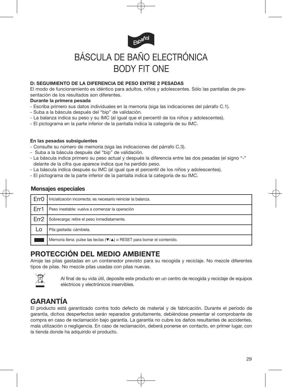 Báscula de baño electrónica, Body fit one, Protección del medio ambiente | Garantía | Terraillon Body Fit One User Manual | Page 29 / 42