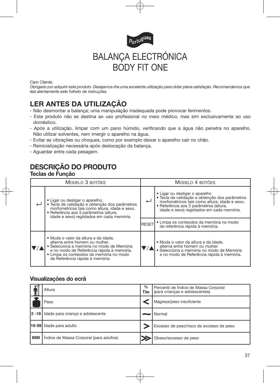 Balança electrónica, Body fit one, Ler antes da utilização | Descrição do produto, Visualizações do ecrã, Teclas de função | Terraillon Body Fit One User Manual | Page 37 / 42