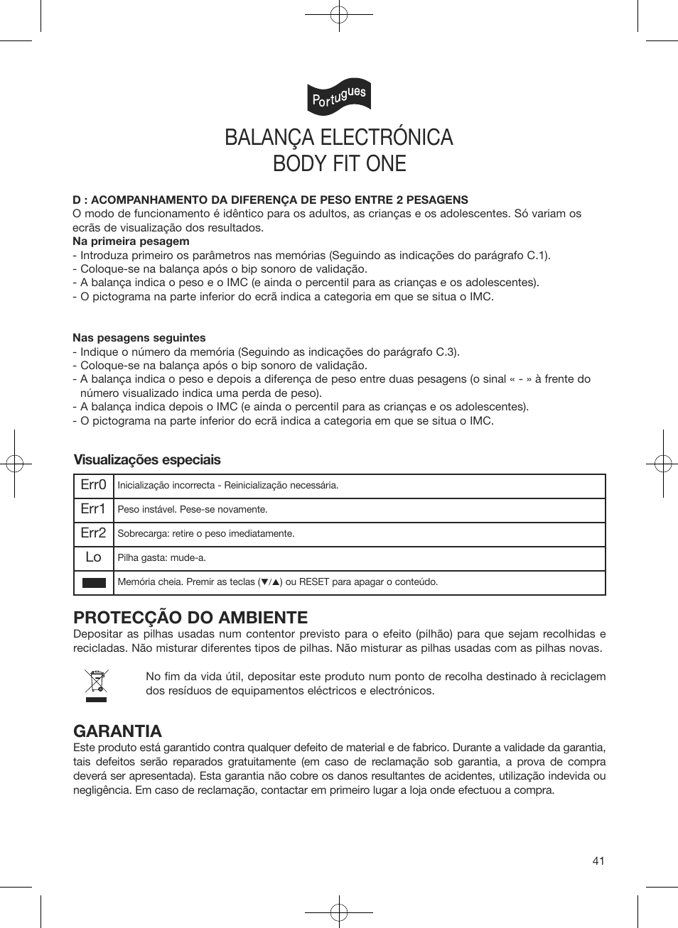 Balança electrónica, Body fit one, Protecção do ambiente | Garantia | Terraillon Body Fit One User Manual | Page 41 / 42