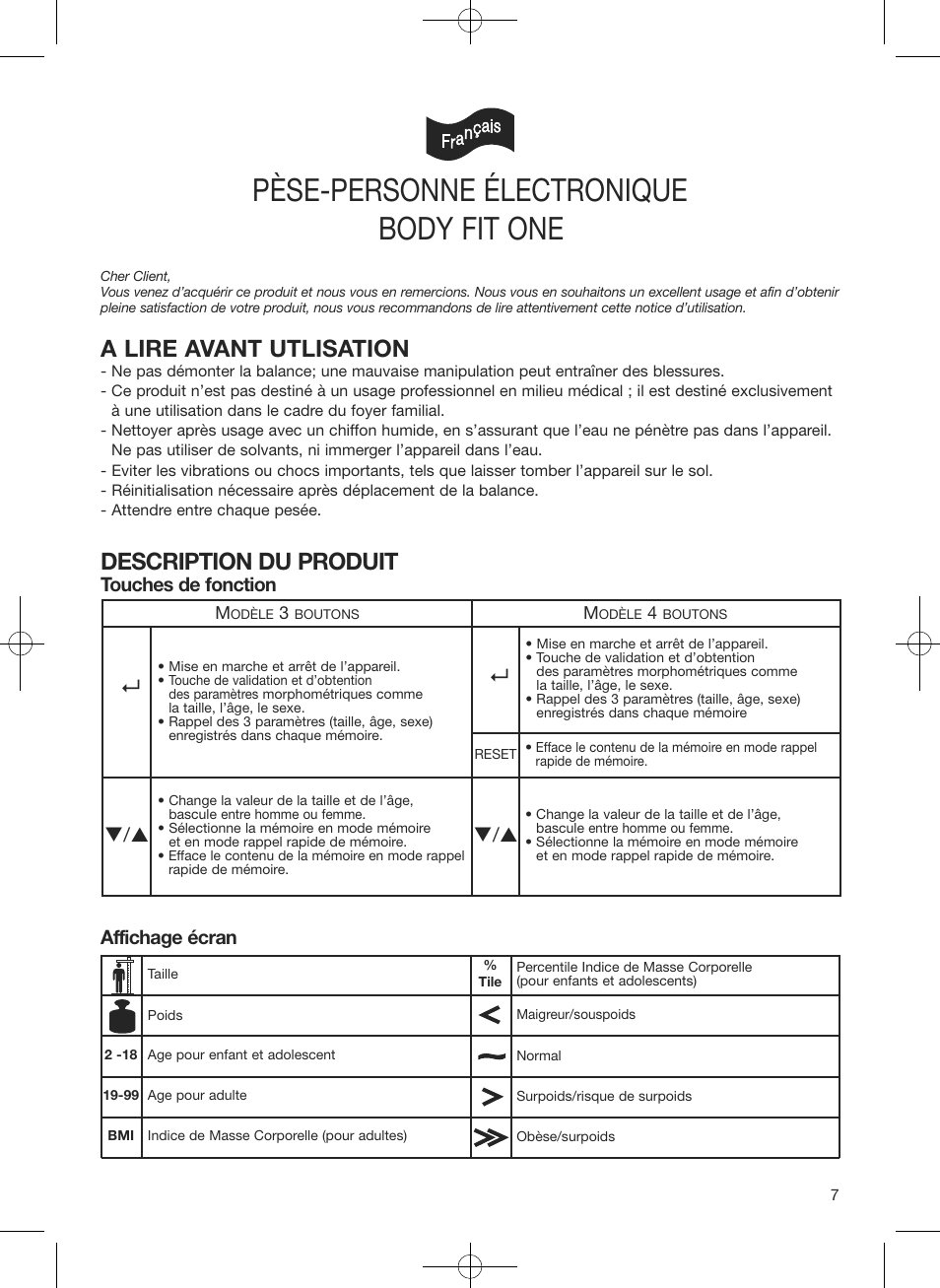 Pèse-personne électronique, Body fit one, A lire avant utlisation | Description du produit, Affichage écran, Touches de fonction | Terraillon Body Fit One User Manual | Page 7 / 42