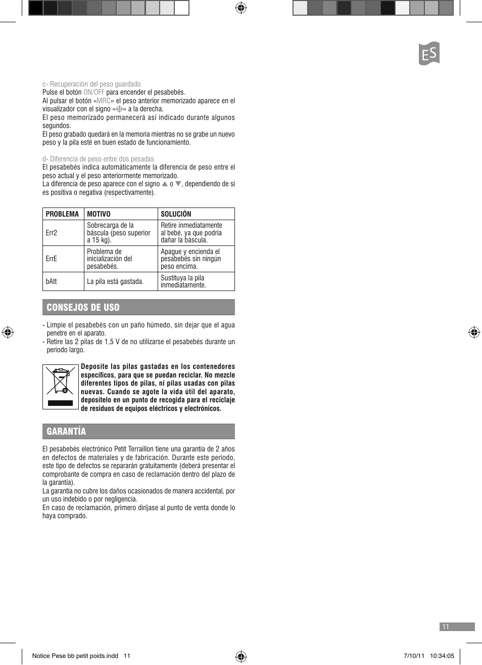 Consejos de uso, Garantía | Terraillon Petit Poids User Manual | Page 11 / 16