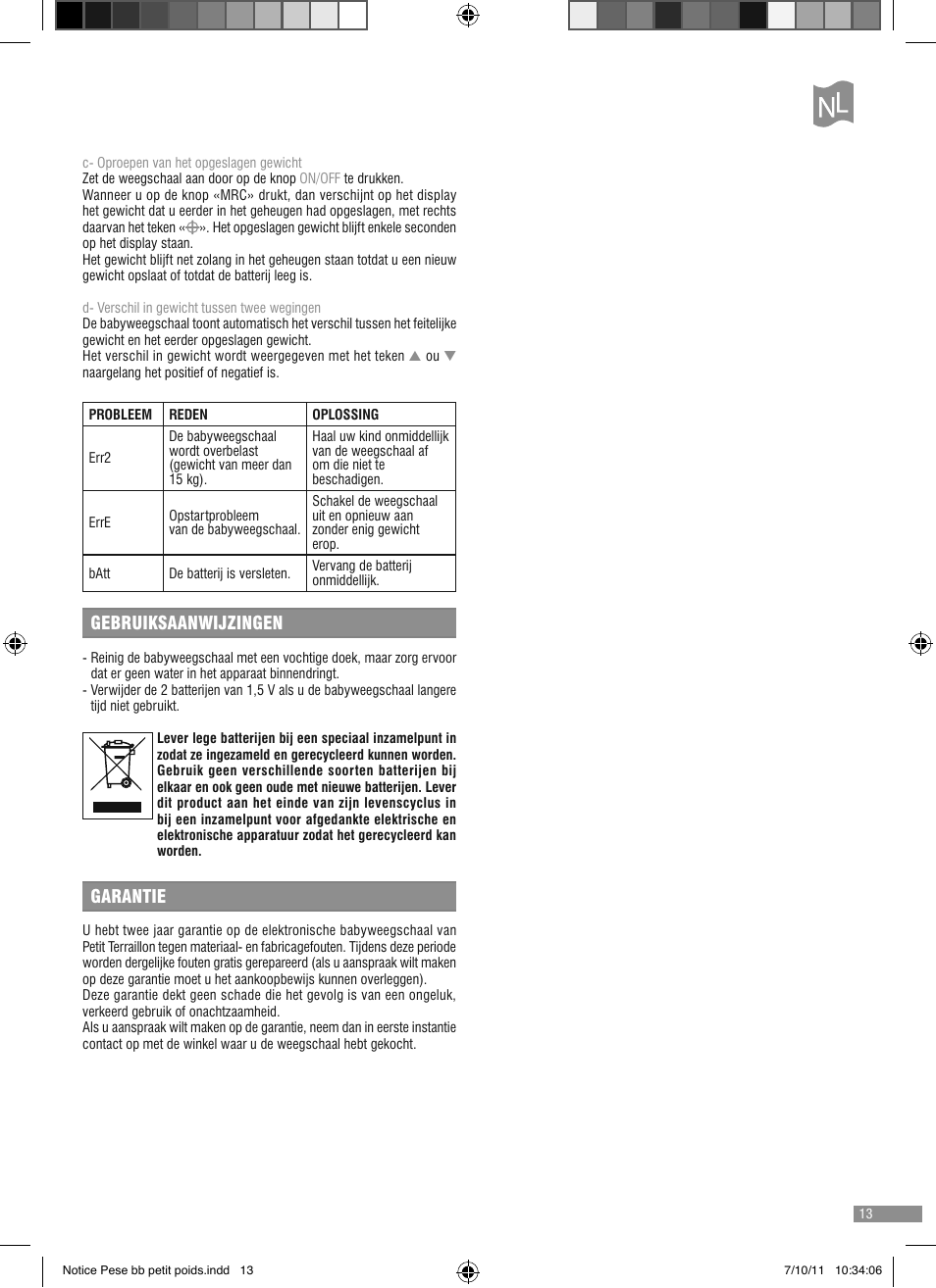 Gebruiksaanwijzingen, Garantie | Terraillon Petit Poids User Manual | Page 13 / 16