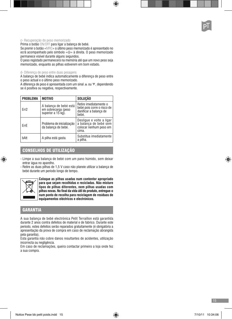 Conselhos de utilização, Garantia | Terraillon Petit Poids User Manual | Page 15 / 16