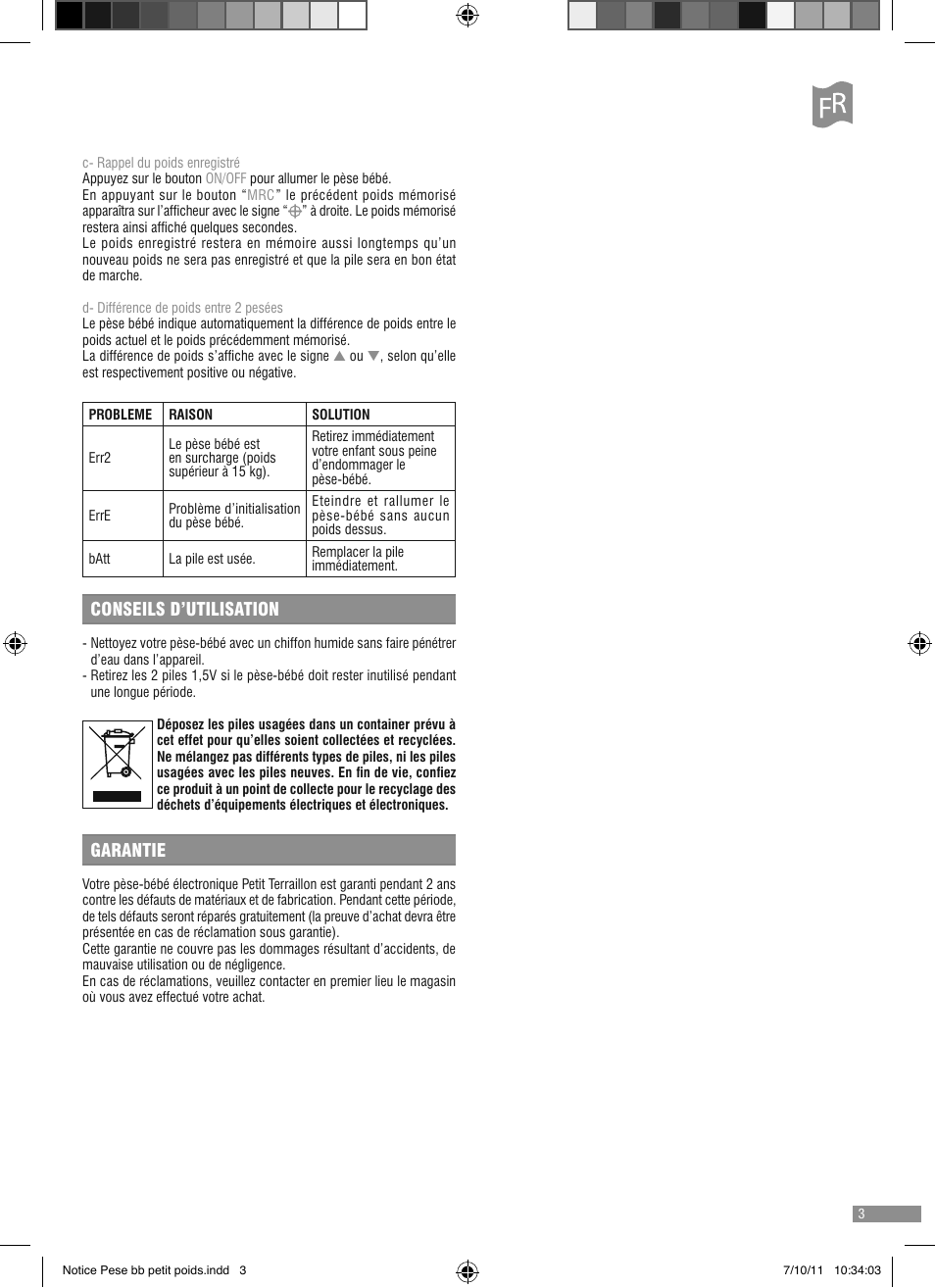 Conseils d’utilisation, Garantie | Terraillon Petit Poids User Manual | Page 3 / 16