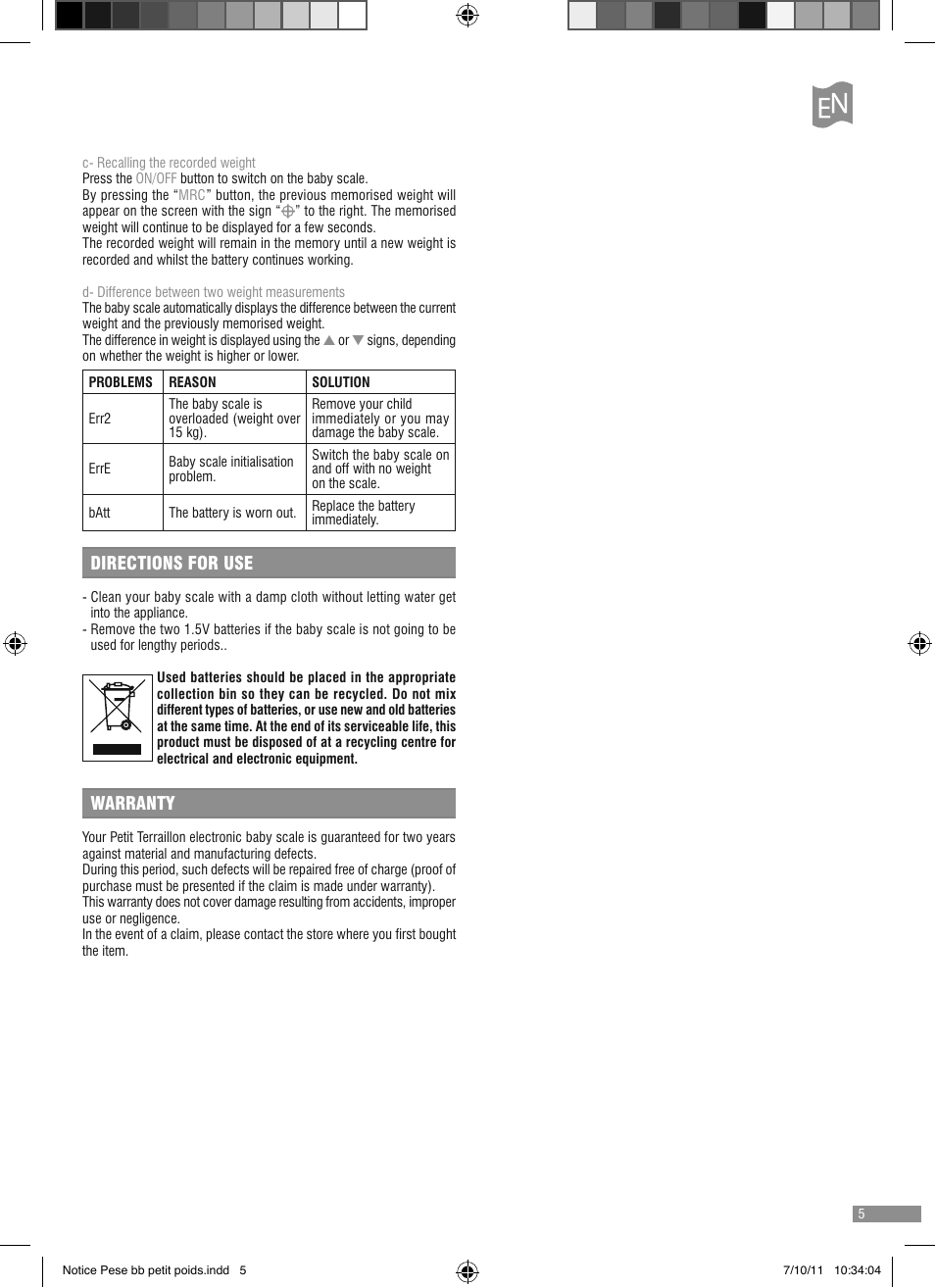 Directions for use, Warranty | Terraillon Petit Poids User Manual | Page 5 / 16