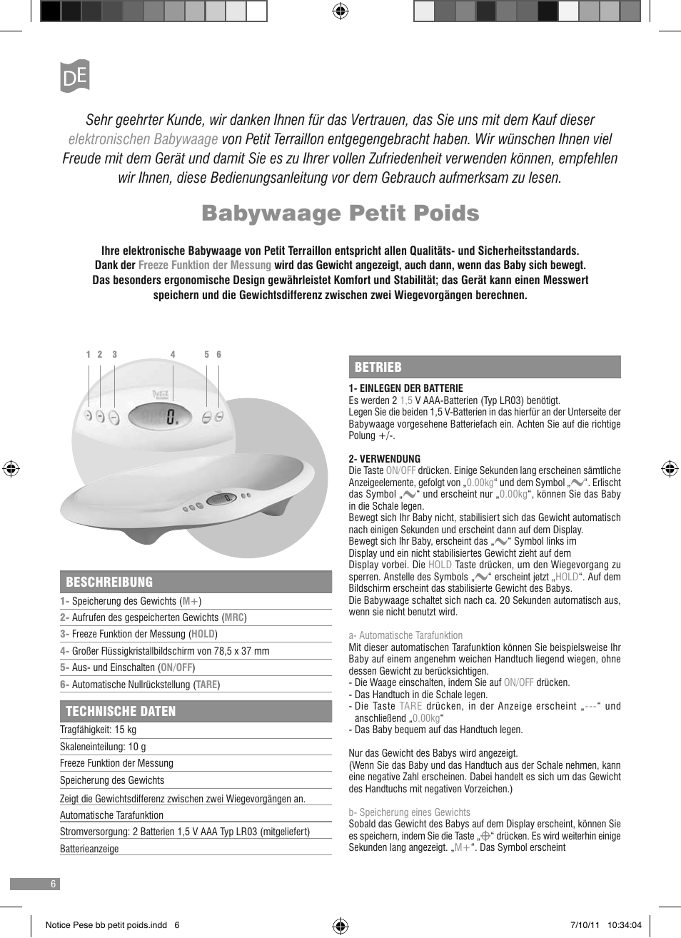 Babywaage petit poids | Terraillon Petit Poids User Manual | Page 6 / 16
