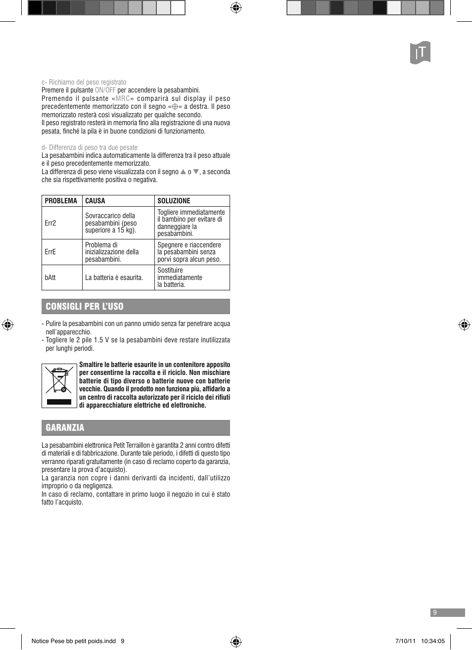 Consigli per l’uso, Garanzia | Terraillon Petit Poids User Manual | Page 9 / 16