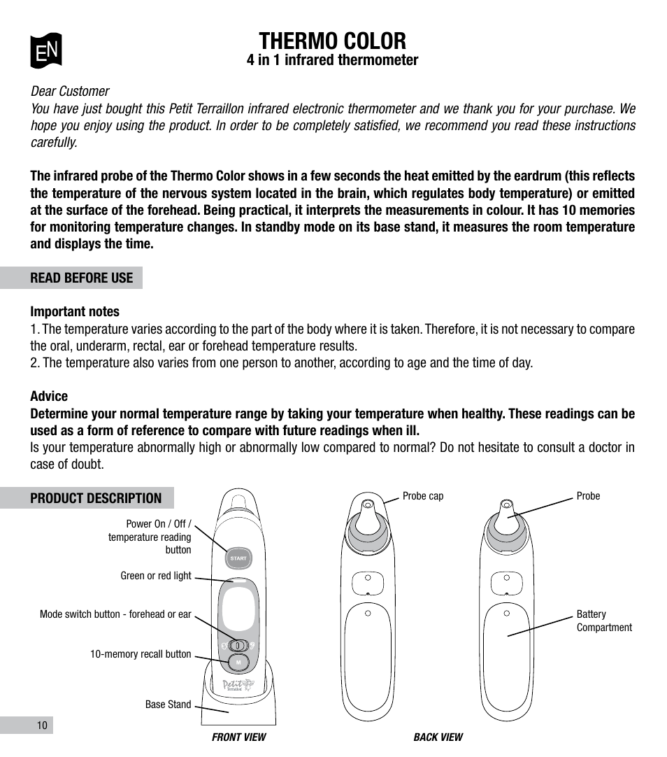 Thermo color, 4 in 1 infrared thermometer | Terraillon Thermo Color User Manual | Page 10 / 52