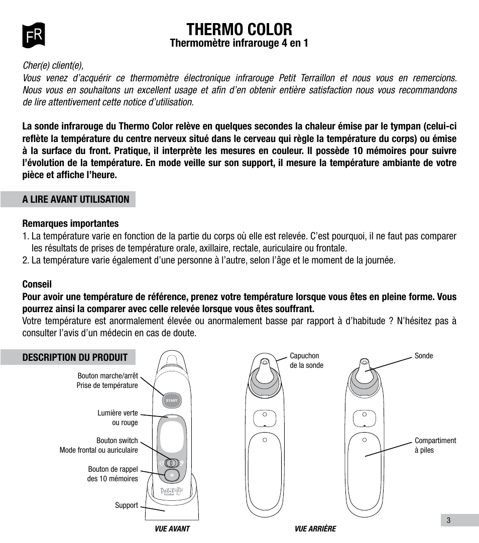 Thermo color, Thermomètre infrarouge 4 en 1 | Terraillon Thermo Color User Manual | Page 3 / 52