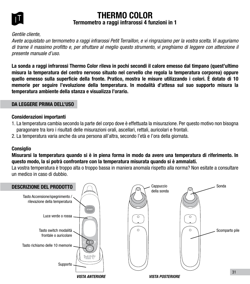 Thermo color, Termometro a raggi infrarossi 4 funzioni in 1 | Terraillon Thermo Color User Manual | Page 31 / 52