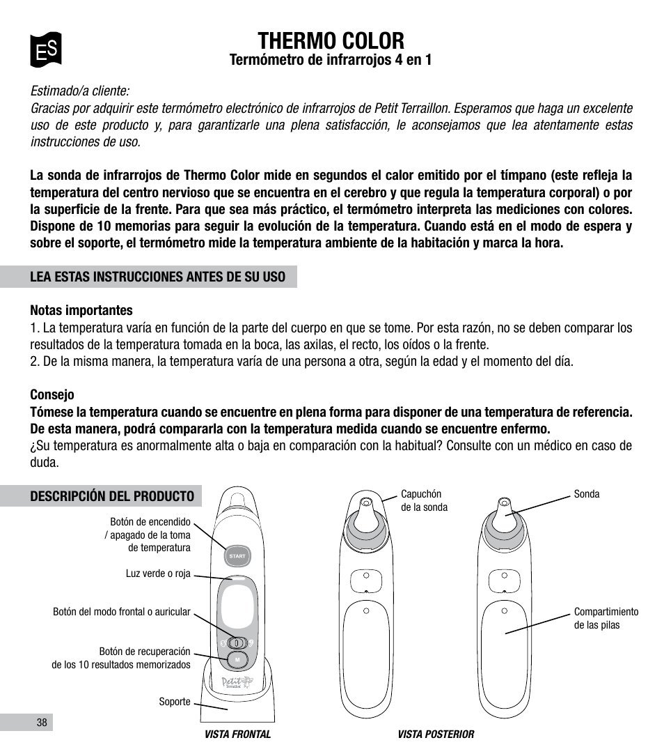 Thermo color, Termómetro de infrarrojos 4 en 1 | Terraillon Thermo Color User Manual | Page 38 / 52