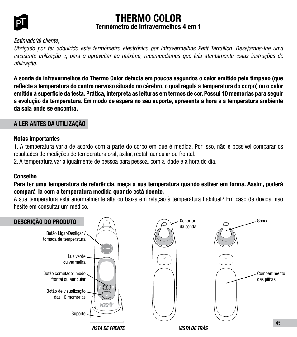 Thermo color, Termómetro de infravermelhos 4 em 1 | Terraillon Thermo Color User Manual | Page 45 / 52