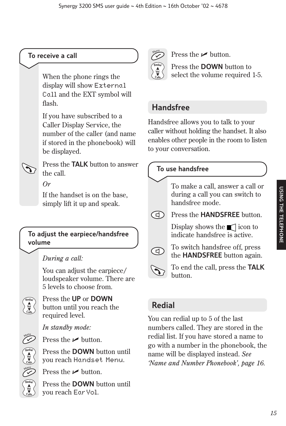 Handsfree, Redial | BT 3200 SMS User Manual | Page 17 / 48