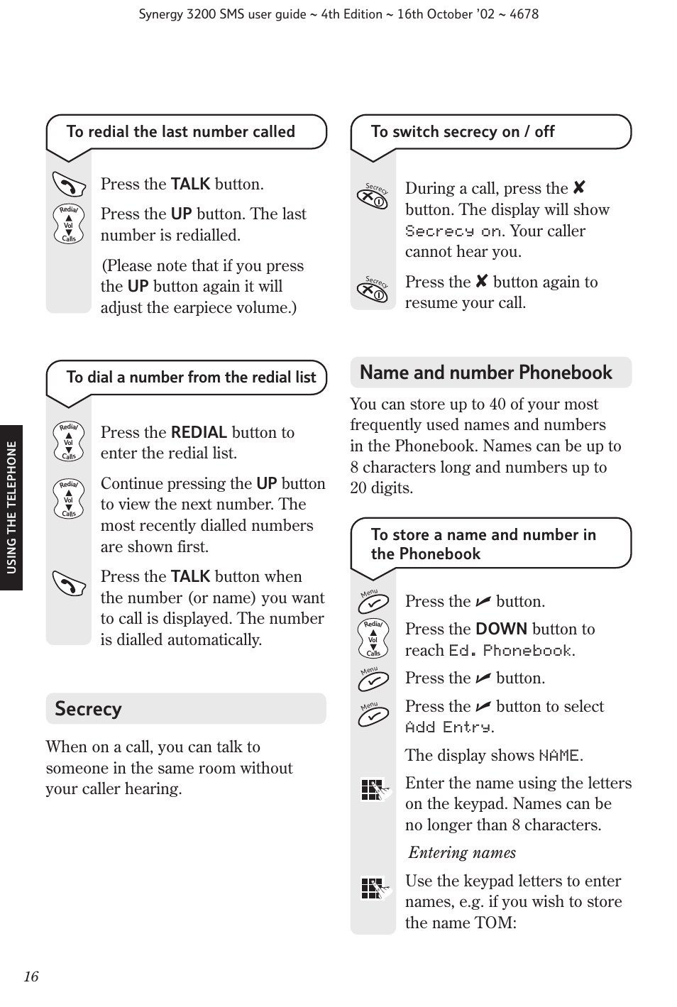 Secrecy, Name and number phonebook | BT 3200 SMS User Manual | Page 18 / 48