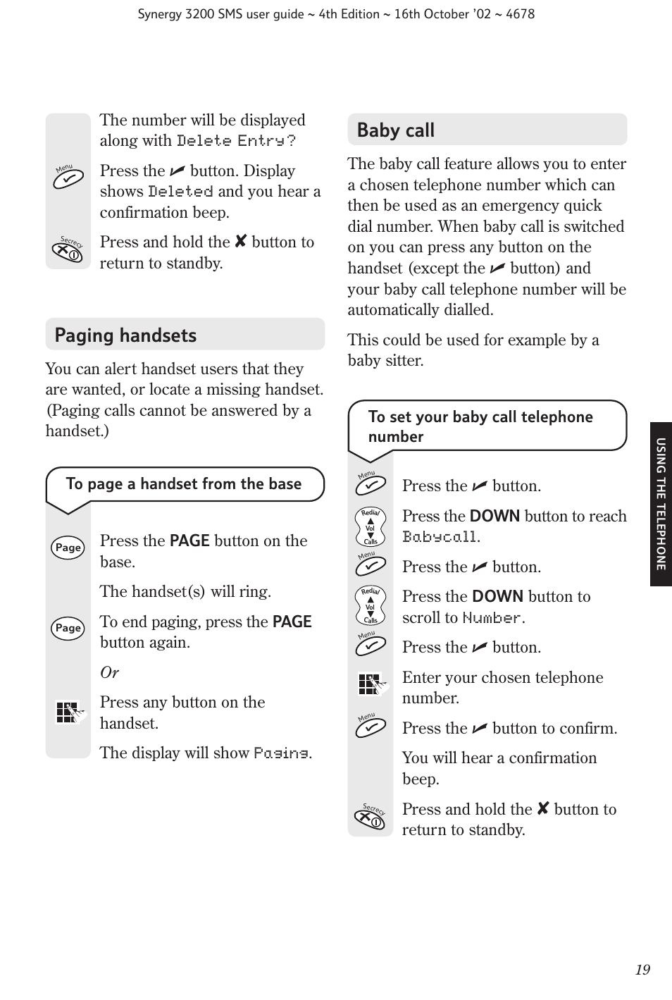 Paging handsets baby call, Button to return to standby | BT 3200 SMS User Manual | Page 21 / 48