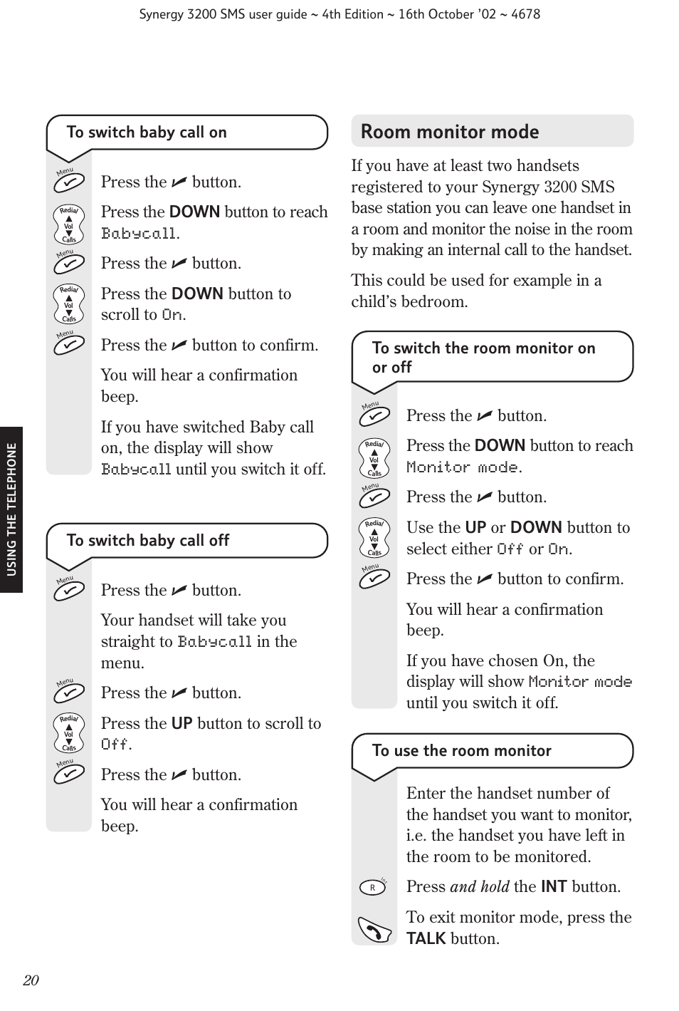 Room monitor mode | BT 3200 SMS User Manual | Page 22 / 48