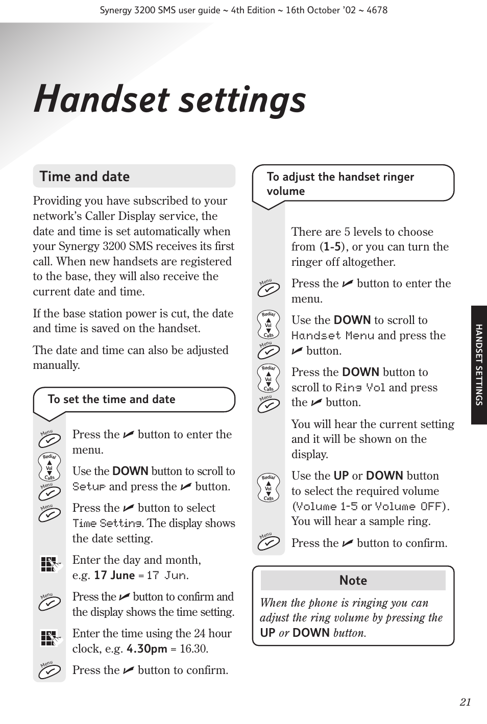 Handset settings, Time and date | BT 3200 SMS User Manual | Page 23 / 48